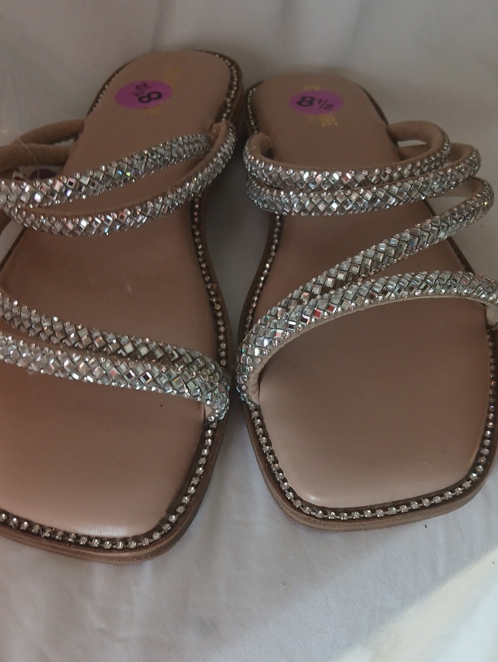 Rhinestone Blush-Tan Strappy Slide Sandals - Women